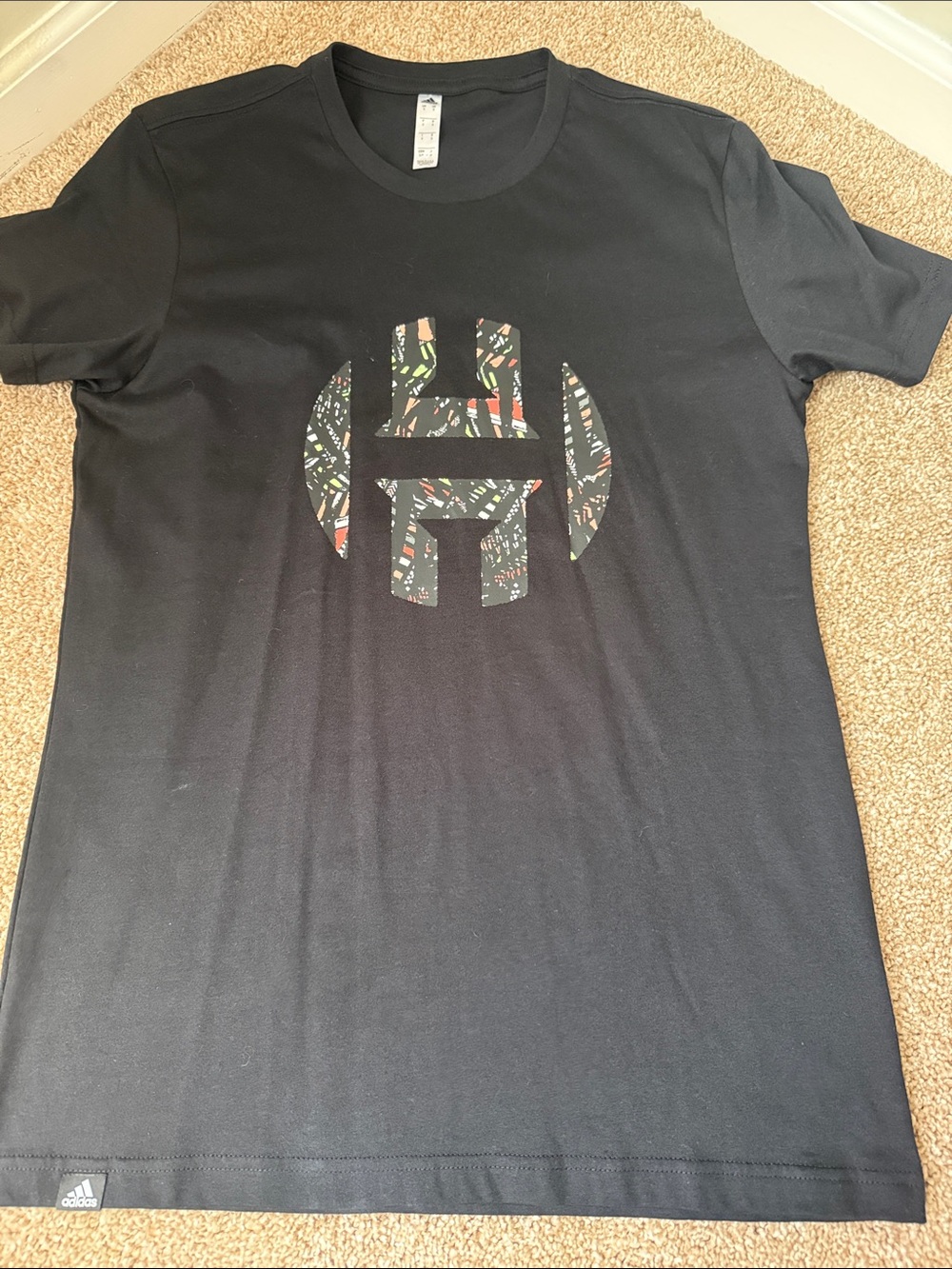 Adidas Black Graphic Logo Tee with Multicolor Pattern
